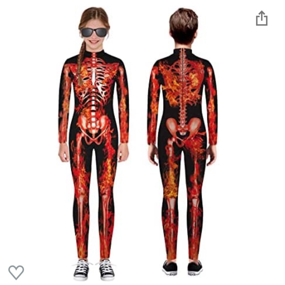 Kids Skeleton 🩻 Costume- 3D Print Blk Body/jump suit Fire/Red: M Sz 9-10 Years